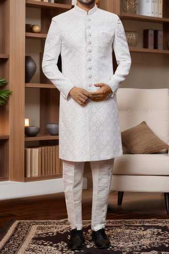 Shop Arihant Rai Sinha Off White Silk, Jacquard Sequins, Embroidery Sherwani Set Online at Aza Fashions Shop_Arihant Rai Sinha_Off White Silk, Jacquard Sequins, Embroidery Sherwani Set _Online_at_Aza_Fashions