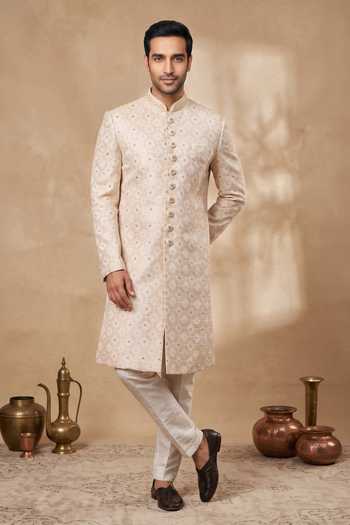 Buy Arihant Rai Sinha Cream Jacquard, Silk Sequins, Embroidery Floral Jaal Pattern Sherwani With Pant at Aza Fashions Buy_Arihant Rai Sinha_Cream Jacquard, Silk Sequins, Embroidery Floral Jaal Pattern Sherwani With Pant _at_Aza_Fashions