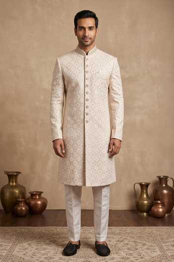 Arihant Rai Sinha Cream Jacquard, Silk Sequins, Embroidery Floral Jaal Pattern Sherwani With Pant Online at Aza Fashions Arihant Rai Sinha_Cream Jacquard, Silk Sequins, Embroidery Floral Jaal Pattern Sherwani With Pant _Online_at_Aza_Fashions
