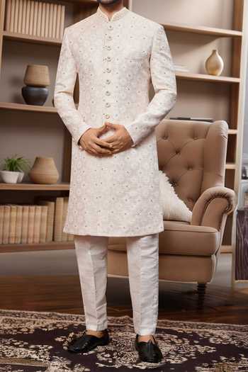 Buy Arihant Rai Sinha Cream Jacquard, Silk Sequins, Embroidery Floral Jaal Pattern Sherwani With Pant Online at Aza Fashions Buy_Arihant Rai Sinha_Cream Jacquard, Silk Sequins, Embroidery Floral Jaal Pattern Sherwani With Pant _Online_at_Aza_Fashions