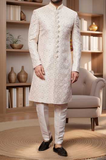 Shop Arihant Rai Sinha Cream Jacquard, Silk Sequins, Embroidery Floral Jaal Pattern Sherwani With Pant Online at Aza Fashions Shop_Arihant Rai Sinha_Cream Jacquard, Silk Sequins, Embroidery Floral Jaal Pattern Sherwani With Pant _Online_at_Aza_Fashions