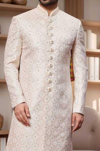 Arihant Rai Sinha Cream Jacquard, Silk Sequins, Embroidery Floral Jaal Pattern Sherwani With Pant at Aza Fashions Arihant Rai Sinha_Cream Jacquard, Silk Sequins, Embroidery Floral Jaal Pattern Sherwani With Pant _at_Aza_Fashions