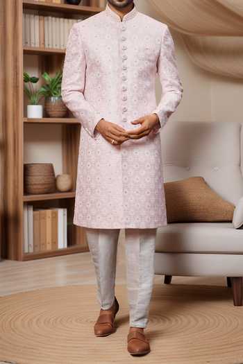 Buy Arihant Rai Sinha Pink Jacquard, Faux Leather, Silk Sequins, Embroidery Floral Jaal Sherwani Set Online at Aza Fashions Buy_Arihant Rai Sinha_Pink Jacquard, Faux Leather, Silk Sequins, Embroidery Floral Jaal Sherwani Set _Online_at_Aza_Fashions