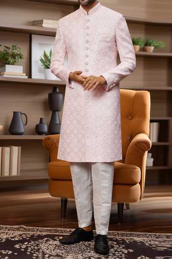 Shop Arihant Rai Sinha Pink Jacquard, Faux Leather, Silk Sequins, Embroidery Floral Jaal Sherwani Set Online at Aza Fashions Shop_Arihant Rai Sinha_Pink Jacquard, Faux Leather, Silk Sequins, Embroidery Floral Jaal Sherwani Set _Online_at_Aza_Fashions