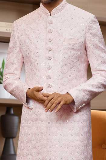 Arihant Rai Sinha Pink Jacquard, Faux Leather, Silk Sequins, Embroidery Floral Jaal Sherwani Set at Aza Fashions Arihant Rai Sinha_Pink Jacquard, Faux Leather, Silk Sequins, Embroidery Floral Jaal Sherwani Set _at_Aza_Fashions