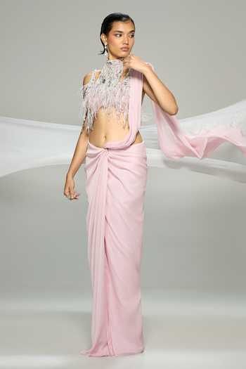Buy Dilnaz Pink Chiffon Foxy Pre-draped Saree Online at Aza Fashions Buy_Dilnaz_Pink Chiffon Foxy Pre-draped Saree _Online_at_Aza_Fashions