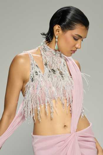 Dilnaz Pink Chiffon Foxy Pre-draped Saree at Aza Fashions Dilnaz_Pink Chiffon Foxy Pre-draped Saree _at_Aza_Fashions