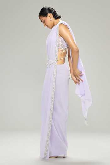 Dilnaz_Purple Satin, Net Square Neck Hand Embroidered Blouse _Online_at_Aza_Fashions