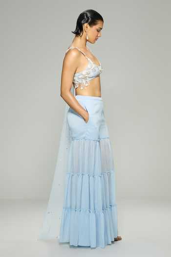 Dilnaz_Sky Blue Satin, Net Sweetheart Neck Hand Embroidered Blouse _Online_at_Aza_Fashions