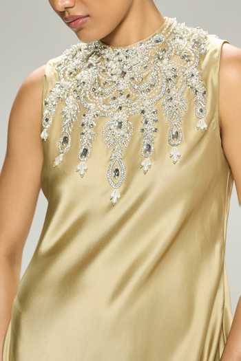 Shop Dilnaz Green Silk, Satin Stones, Crystals High Ashley Pure Chamoise Embellished Gown Online at Aza Fashions Shop_Dilnaz_Green Silk, Satin Stones, Crystals High Ashley Pure Chamoise Embellished Gown _Online_at_Aza_Fashions