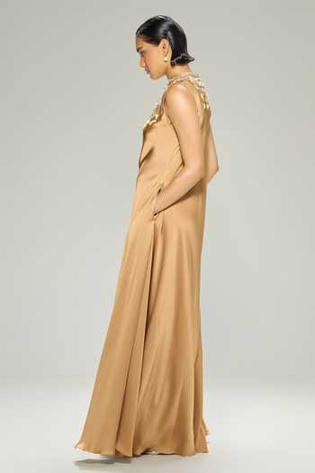 Buy_Dilnaz_Gold Silk, Satin Embroidery High , Choker Amber Embellished Gown _Online_at_Aza_Fashions
