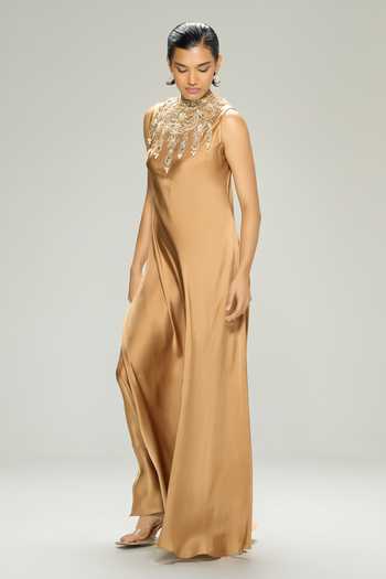 Shop_Dilnaz_Gold Silk, Satin Embroidery High , Choker Amber Embellished Gown _Online_at_Aza_Fashions