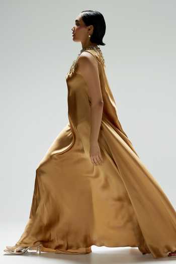 Dilnaz_Gold Silk, Satin Embroidery High , Choker Amber Embellished Gown _at_Aza_Fashions