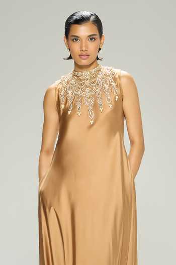 Buy_Dilnaz_Gold Silk, Satin Embroidery High , Choker Amber Embellished Gown 