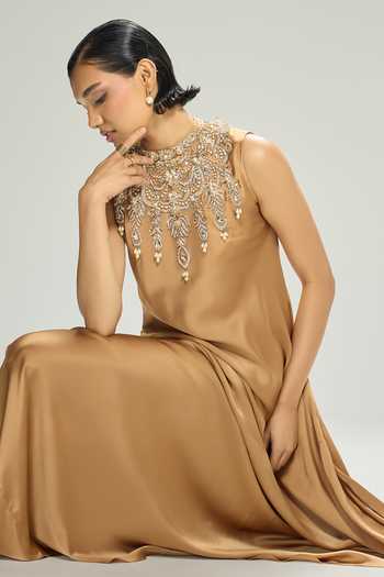 Shop_Dilnaz_Gold Silk, Satin Embroidery High , Choker Amber Embellished Gown 