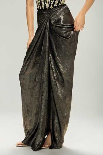 Dilnaz_Black Satin, Net Stones, Diamonds Bandeau Embellished Corset And Foil Skirt Set _at_Aza_Fashions