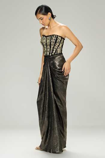 Buy_Dilnaz_Black Satin, Net Stones, Crystals Bandeau Neck Starry Night Embroidered Corset _Online_at_Aza_Fashions