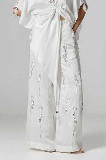 Dilnaz_Ivory Linen Disco Sequin Embroidered Flared Trouser _Online_at_Aza_Fashions