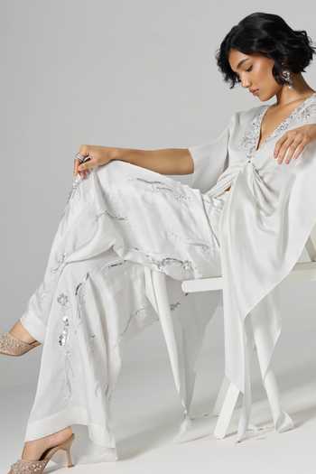 Shop_Dilnaz_Ivory Linen Disco Sequin Embroidered Flared Trouser _Online_at_Aza_Fashions
