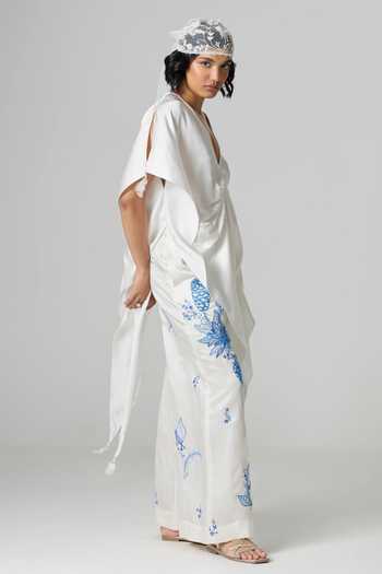 Dilnaz_Ivory Linen Lazuli Floral Print Flared Pant _Online_at_Aza_Fashions