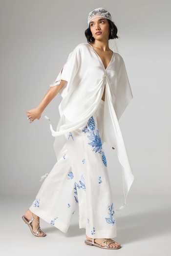 Buy_Dilnaz_Ivory Linen Lazuli Floral Print Flared Pant _Online_at_Aza_Fashions