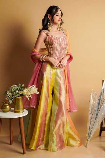 RAYASHA KHAN_Multi Color Tissue, Silk, Net Crystals, Noore Embroidered Corset Palazzo Set _Online_at_Aza_Fashions