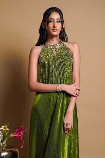 RAYASHA KHAN Olive Green Silk, Tissue Sequins, Beads Halter Neck Aster Gown Online at Aza Fashions RAYASHA KHAN_Olive Green Silk, Tissue Sequins, Beads Halter Neck Aster Gown _Online_at_Aza_Fashions