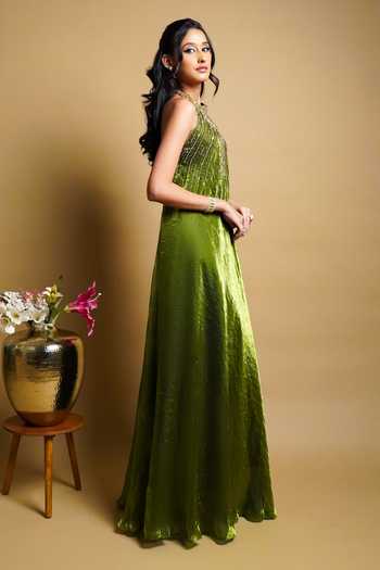 Buy RAYASHA KHAN Olive Green Silk, Tissue Sequins, Beads Halter Neck Aster Gown Online at Aza Fashions Buy_RAYASHA KHAN_Olive Green Silk, Tissue Sequins, Beads Halter Neck Aster Gown _Online_at_Aza_Fashions