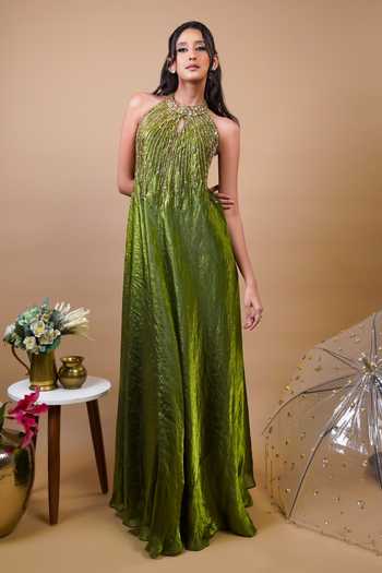 Shop RAYASHA KHAN Olive Green Silk, Tissue Sequins, Beads Halter Neck Aster Gown Online at Aza Fashions Shop_RAYASHA KHAN_Olive Green Silk, Tissue Sequins, Beads Halter Neck Aster Gown _Online_at_Aza_Fashions