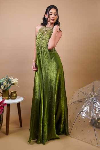 RAYASHA KHAN Olive Green Silk, Tissue Sequins, Beads Halter Neck Aster Gown at Aza Fashions RAYASHA KHAN_Olive Green Silk, Tissue Sequins, Beads Halter Neck Aster Gown _at_Aza_Fashions