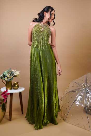 Buy RAYASHA KHAN Olive Green Silk, Tissue Sequins, Beads Halter Neck Aster Gown Buy_RAYASHA KHAN_Olive Green Silk, Tissue Sequins, Beads Halter Neck Aster Gown