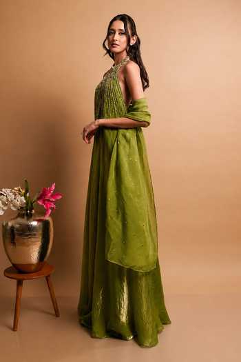 RAYASHA KHAN Olive Green , Tissue, Organza Aster Embroidered Gown With Dupatta Online at Aza Fashions RAYASHA KHAN_Olive Green , Tissue, Organza Aster Embroidered Gown With Dupatta _Online_at_Aza_Fashions