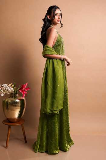 Buy RAYASHA KHAN Olive Green , Tissue, Organza Aster Embroidered Gown With Dupatta Online at Aza Fashions Buy_RAYASHA KHAN_Olive Green , Tissue, Organza Aster Embroidered Gown With Dupatta _Online_at_Aza_Fashions