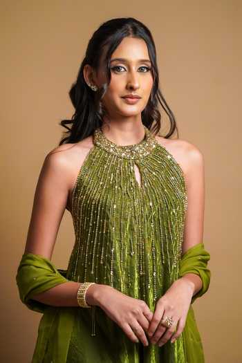 Shop RAYASHA KHAN Olive Green , Tissue, Organza Aster Embroidered Gown With Dupatta Online at Aza Fashions Shop_RAYASHA KHAN_Olive Green , Tissue, Organza Aster Embroidered Gown With Dupatta _Online_at_Aza_Fashions