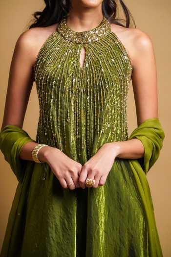 Buy RAYASHA KHAN Olive Green , Tissue, Organza Aster Embroidered Gown With Dupatta Buy_RAYASHA KHAN_Olive Green , Tissue, Organza Aster Embroidered Gown With Dupatta