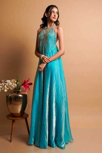 RAYASHA KHAN Blue Silk, Tissue Sequins, Beads, Pearls, Zari Elara Hand Embroidered Gown Online at Aza Fashions RAYASHA KHAN_Blue Silk, Tissue Sequins, Beads, Pearls, Zari Elara Hand Embroidered Gown _Online_at_Aza_Fashions
