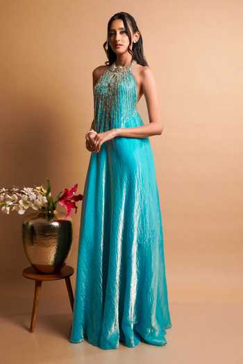 Shop RAYASHA KHAN Blue Silk, Tissue Sequins, Beads, Pearls, Zari Elara Hand Embroidered Gown Online at Aza Fashions Shop_RAYASHA KHAN_Blue Silk, Tissue Sequins, Beads, Pearls, Zari Elara Hand Embroidered Gown _Online_at_Aza_Fashions