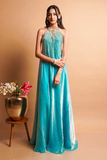 RAYASHA KHAN Blue Silk, Tissue Sequins, Beads, Pearls, Zari Elara Hand Embroidered Gown at Aza Fashions RAYASHA KHAN_Blue Silk, Tissue Sequins, Beads, Pearls, Zari Elara Hand Embroidered Gown _at_Aza_Fashions