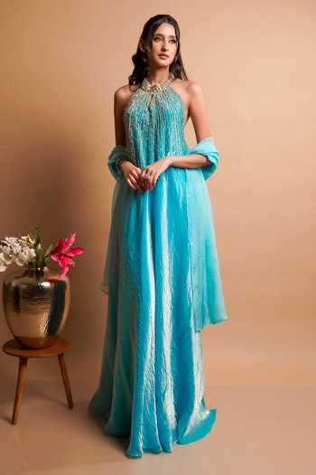 RAYASHA KHAN Blue , Tissue, Organza Sequins, Beads, Pearls Elara Gown With Dupatta Online at Aza Fashions RAYASHA KHAN_Blue , Tissue, Organza Sequins, Beads, Pearls Elara Gown With Dupatta _Online_at_Aza_Fashions