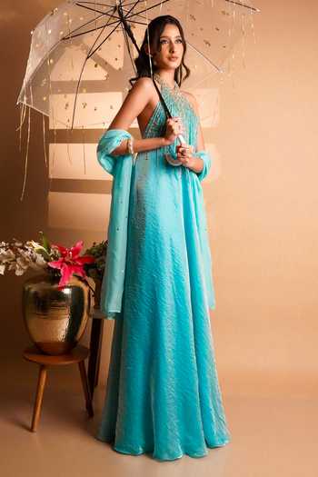Shop RAYASHA KHAN Blue , Tissue, Organza Sequins, Beads, Pearls Elara Gown With Dupatta Online at Aza Fashions Shop_RAYASHA KHAN_Blue , Tissue, Organza Sequins, Beads, Pearls Elara Gown With Dupatta _Online_at_Aza_Fashions