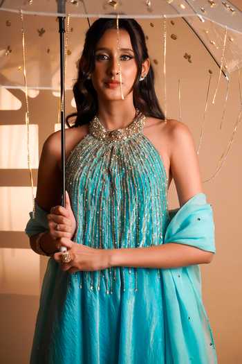 RAYASHA KHAN Blue , Tissue, Organza Sequins, Beads, Pearls Elara Gown With Dupatta at Aza Fashions RAYASHA KHAN_Blue , Tissue, Organza Sequins, Beads, Pearls Elara Gown With Dupatta _at_Aza_Fashions