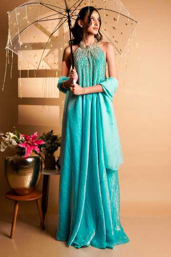 Buy RAYASHA KHAN Blue , Tissue, Organza Sequins, Beads, Pearls Elara Gown With Dupatta Buy_RAYASHA KHAN_Blue , Tissue, Organza Sequins, Beads, Pearls Elara Gown With Dupatta