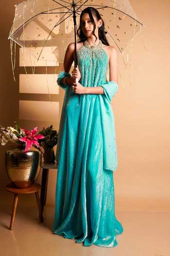 Shop RAYASHA KHAN Blue , Tissue, Organza Sequins, Beads, Pearls Elara Gown With Dupatta Shop_RAYASHA KHAN_Blue , Tissue, Organza Sequins, Beads, Pearls Elara Gown With Dupatta