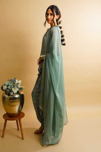 RAYASHA KHAN_Green Silk, Tissue, Organza Round Neck Evara Asymmetric Short Kurta Set _Online_at_Aza_Fashions