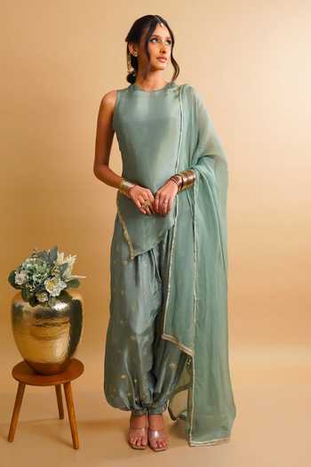 RAYASHA KHAN_Green Silk, Tissue, Organza Round Neck Evara Asymmetric Short Kurta Set _at_Aza_Fashions