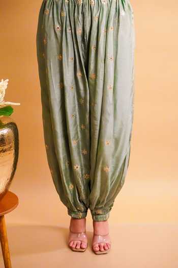 Buy_RAYASHA KHAN_Green Silk, Tissue, Organza Round Neck Evara Asymmetric Short Kurta Set 