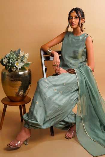 Shop_RAYASHA KHAN_Green Silk, Tissue, Organza Round Neck Evara Asymmetric Short Kurta Set 
