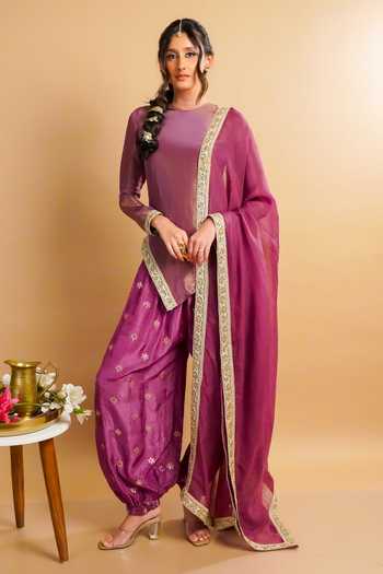 Shop RAYASHA KHAN Purple Silk, Tissue, Organza Round Neck Evara Asymmetric Short Kurta Set Online at Aza Fashions Shop_RAYASHA KHAN_Purple Silk, Tissue, Organza Round Neck Evara Asymmetric Short Kurta Set _Online_at_Aza_Fashions