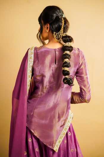 Buy RAYASHA KHAN Purple Silk, Tissue, Organza Round Neck Evara Asymmetric Short Kurta Set Buy_RAYASHA KHAN_Purple Silk, Tissue, Organza Round Neck Evara Asymmetric Short Kurta Set