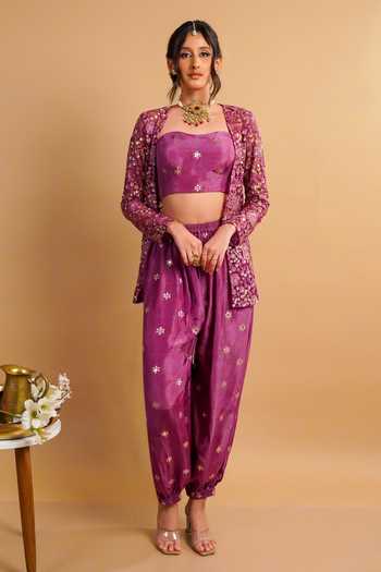 RAYASHA KHAN Purple Net, Silk Open Neck, Bandeau Veya Embroidered Jacket Balloon Pant Set Online at Aza Fashions RAYASHA KHAN_Purple Net, Silk Open Neck, Bandeau Veya Embroidered Jacket Balloon Pant Set _Online_at_Aza_Fashions